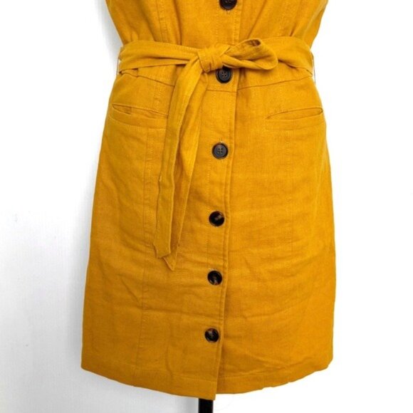 GREYLIN Linen Mustard Button-Down v neck tie waist mini Dress XS - Picture 2 of 6